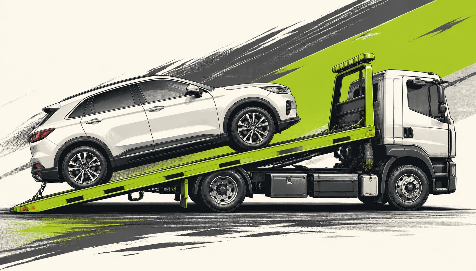 Technical drawing of a vehicle on a flatbed tow truck