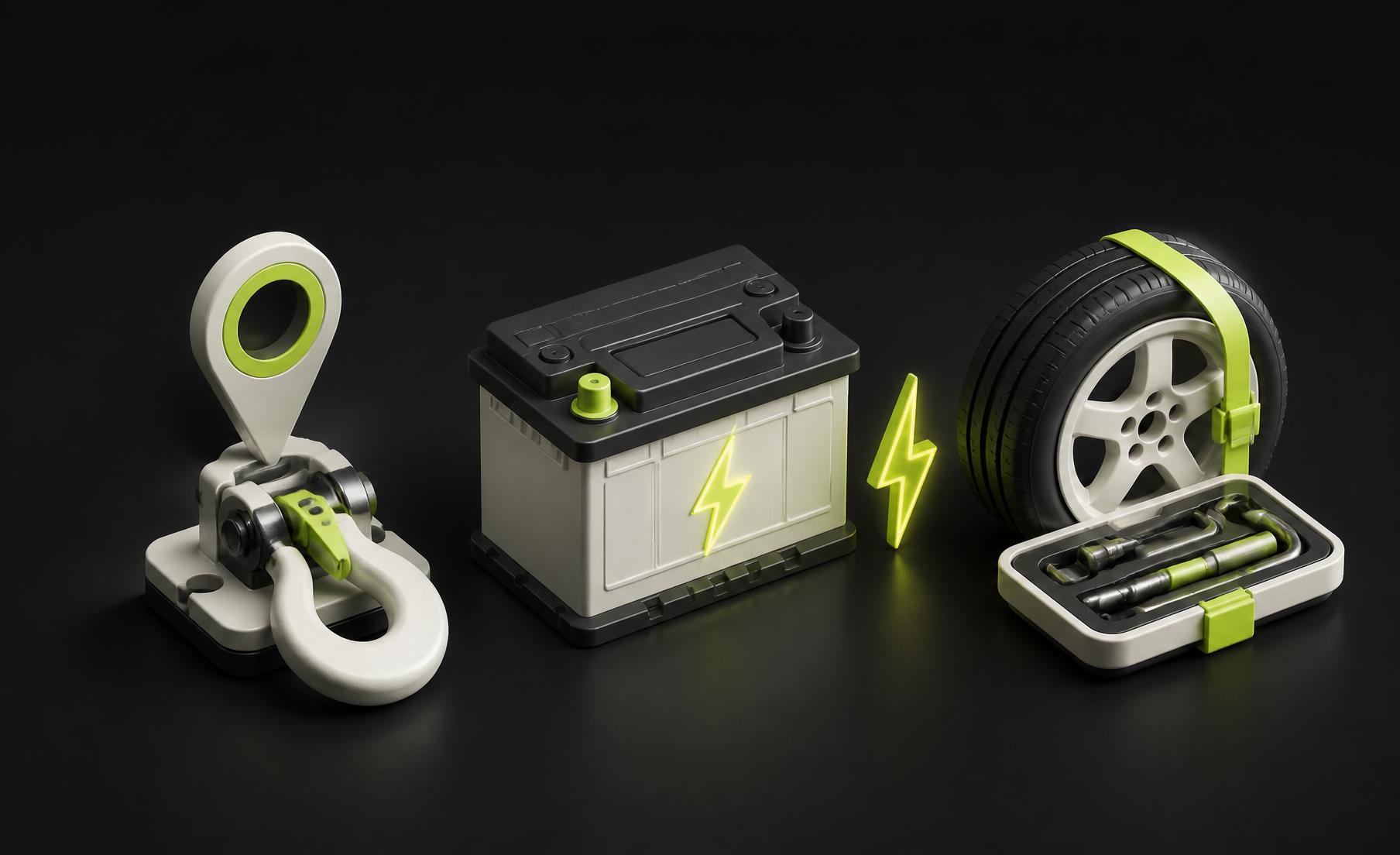 Isometric roadside tools including a tow hook, battery, and spare wheel